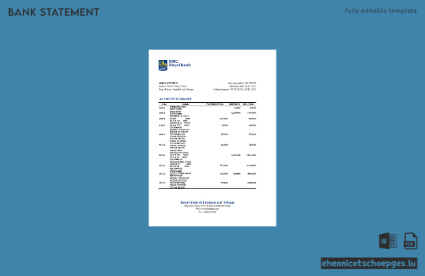 Beispiel-Excel-Vorschau eines Kontoauszugs der Royal Bank von Trinidad und Tobago